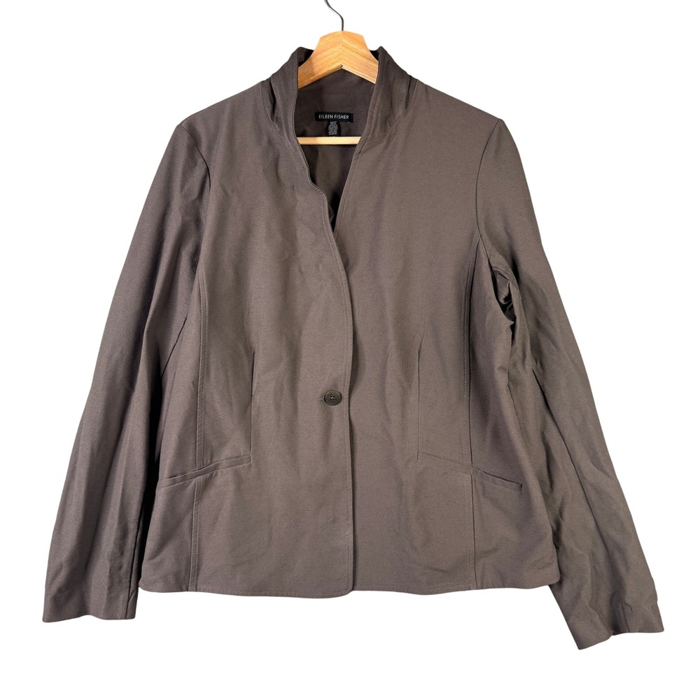 Eileen Fisher Gray Viscose Stretch Stand Collar Single Button Blazer Jacket L